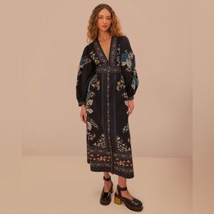 FARM Rio Black Floral Midi Dress with Teal Accents